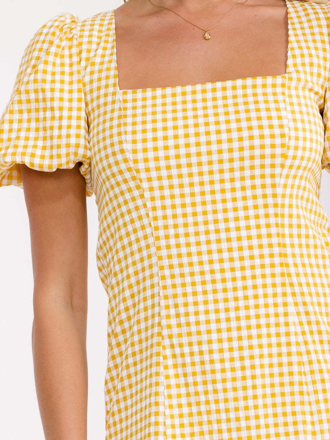 WOMEN'S SHORT PUFF SLEEVE SQUARE NECK OPEN BACK PLAID MINI DRESS