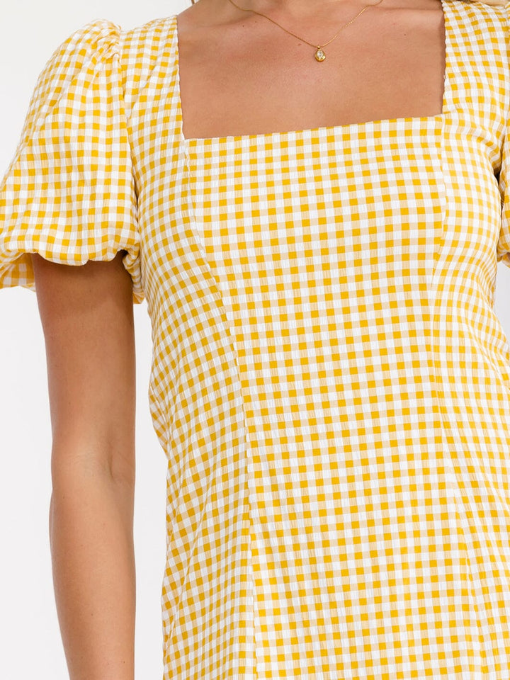 WOMEN'S SHORT PUFF SLEEVE SQUARE NECK OPEN BACK PLAID MINI DRESS