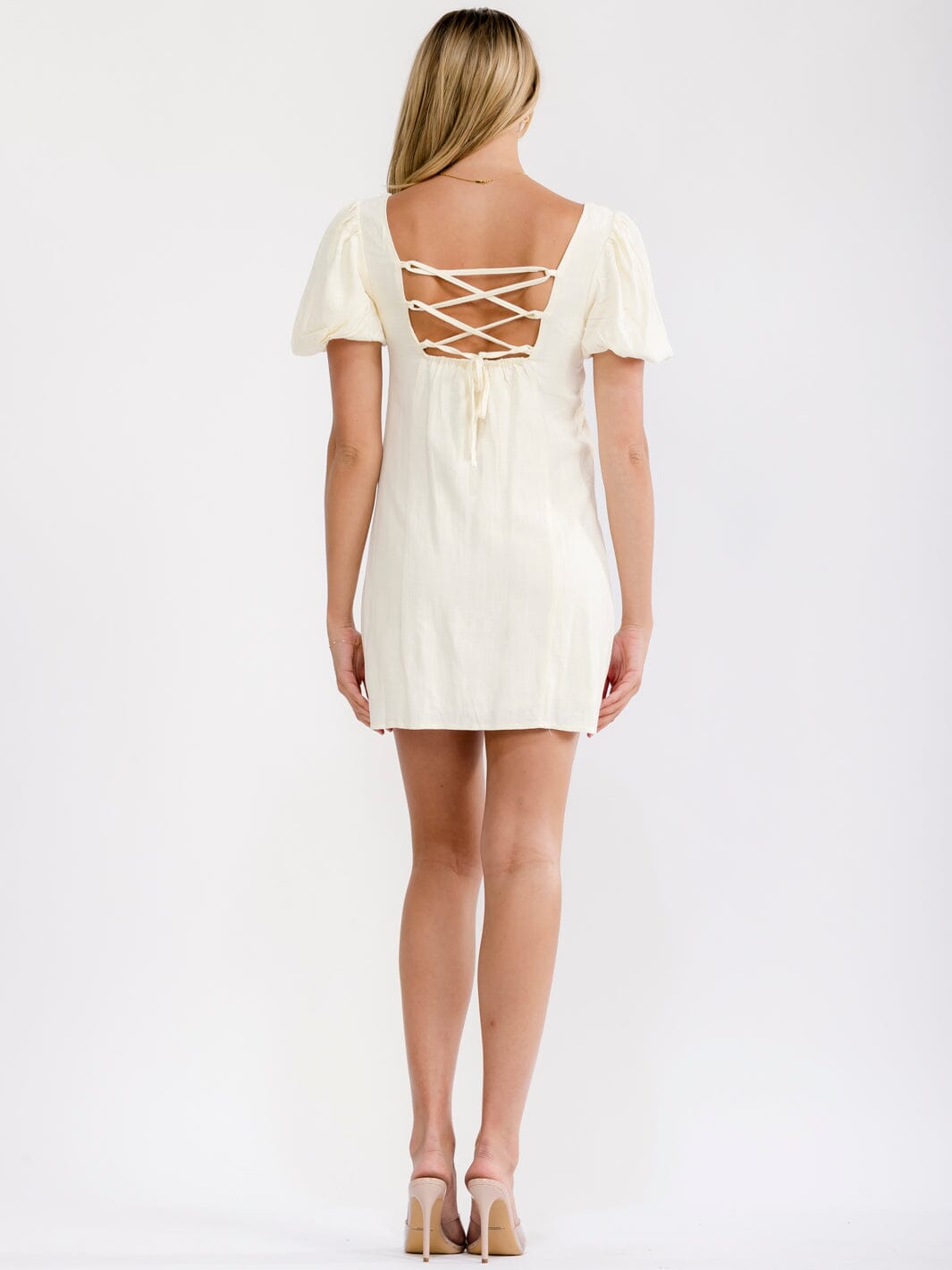 WOMEN'S SHORT PUFF SLEEVE SQUARE NECK OPEN BACK LINEN MINI DRESS
