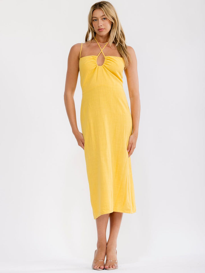 WOMEN'S SLEEVELESS HLATER NECK BACK SLIT BODYCON MIDI DRESS