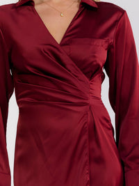 WOMEN'S LONG SLEEVE SURPLICE FRONT POCKET BODYCON MINI DRESS