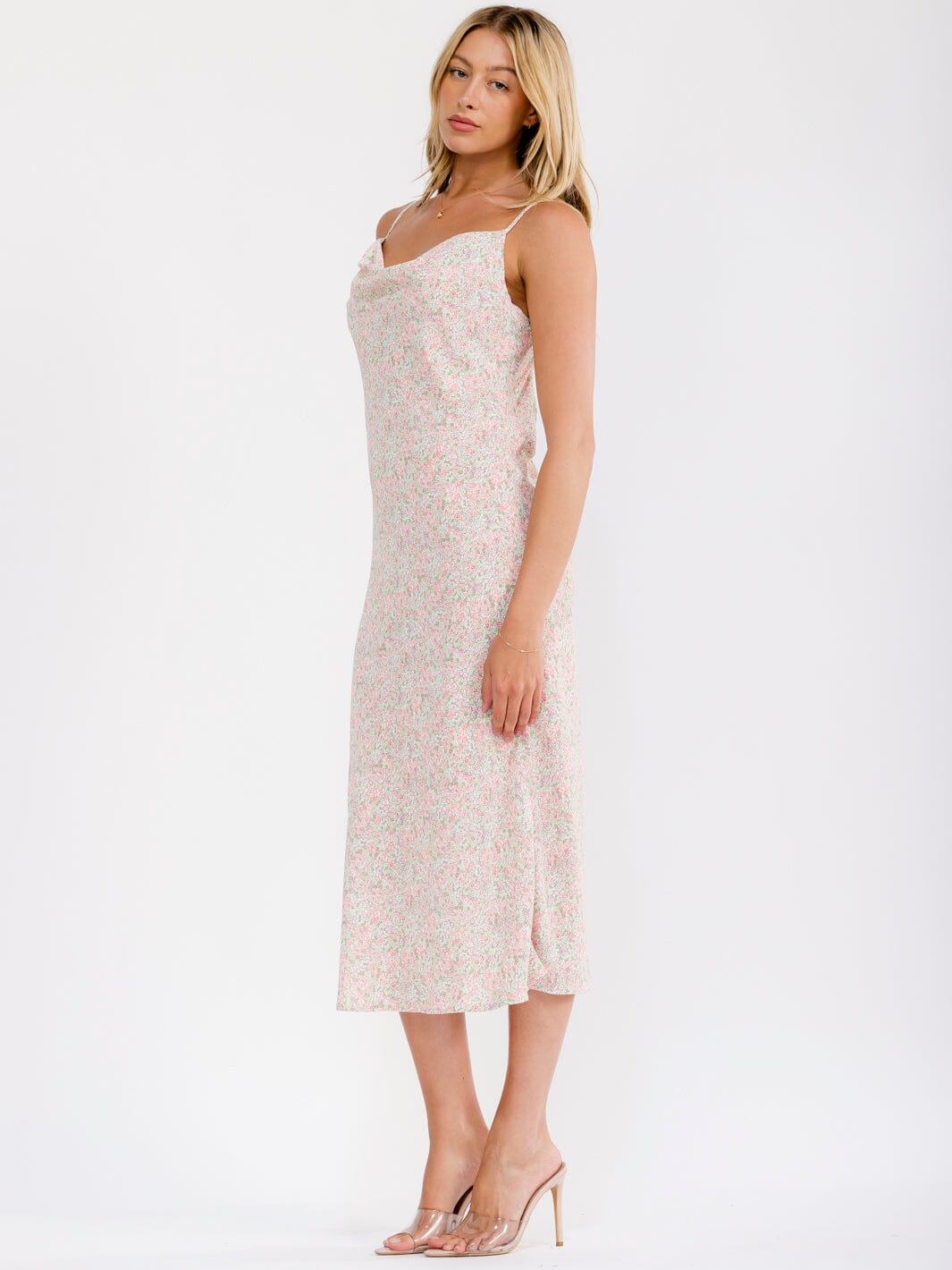 WOMEN'S SLEEVELESS COWL NECK OPEN BACK FLORAL MAXI DRESS