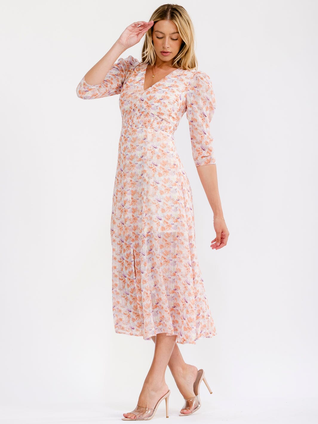 WOMEN'S 3/4 SLEEVELES V-NECK FLORAL MIDI DRESS