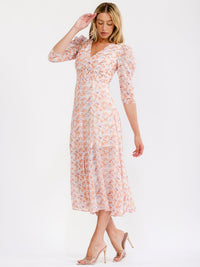 WOMEN'S 3/4 SLEEVELES V-NECK FLORAL MIDI DRESS