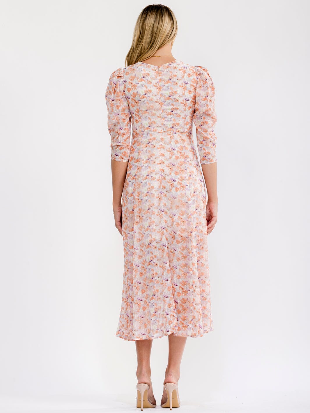 WOMEN'S 3/4 SLEEVELES V-NECK FLORAL MIDI DRESS