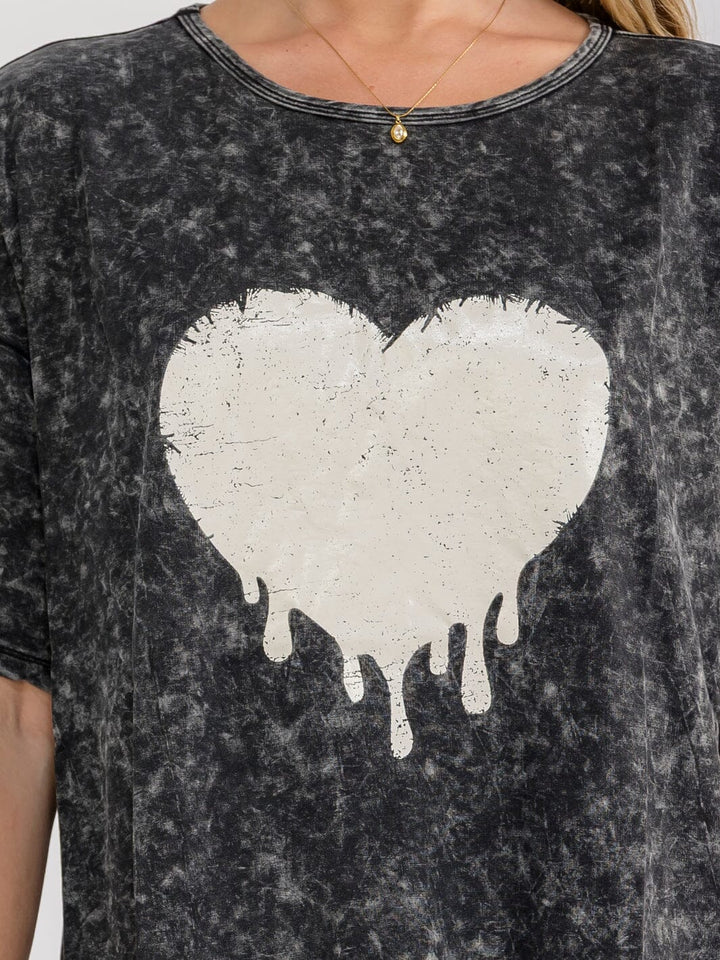 WOMEN'S SHORT SLEEVE HEART PRINT WASHED LOOSE FIT MINI DRESS
