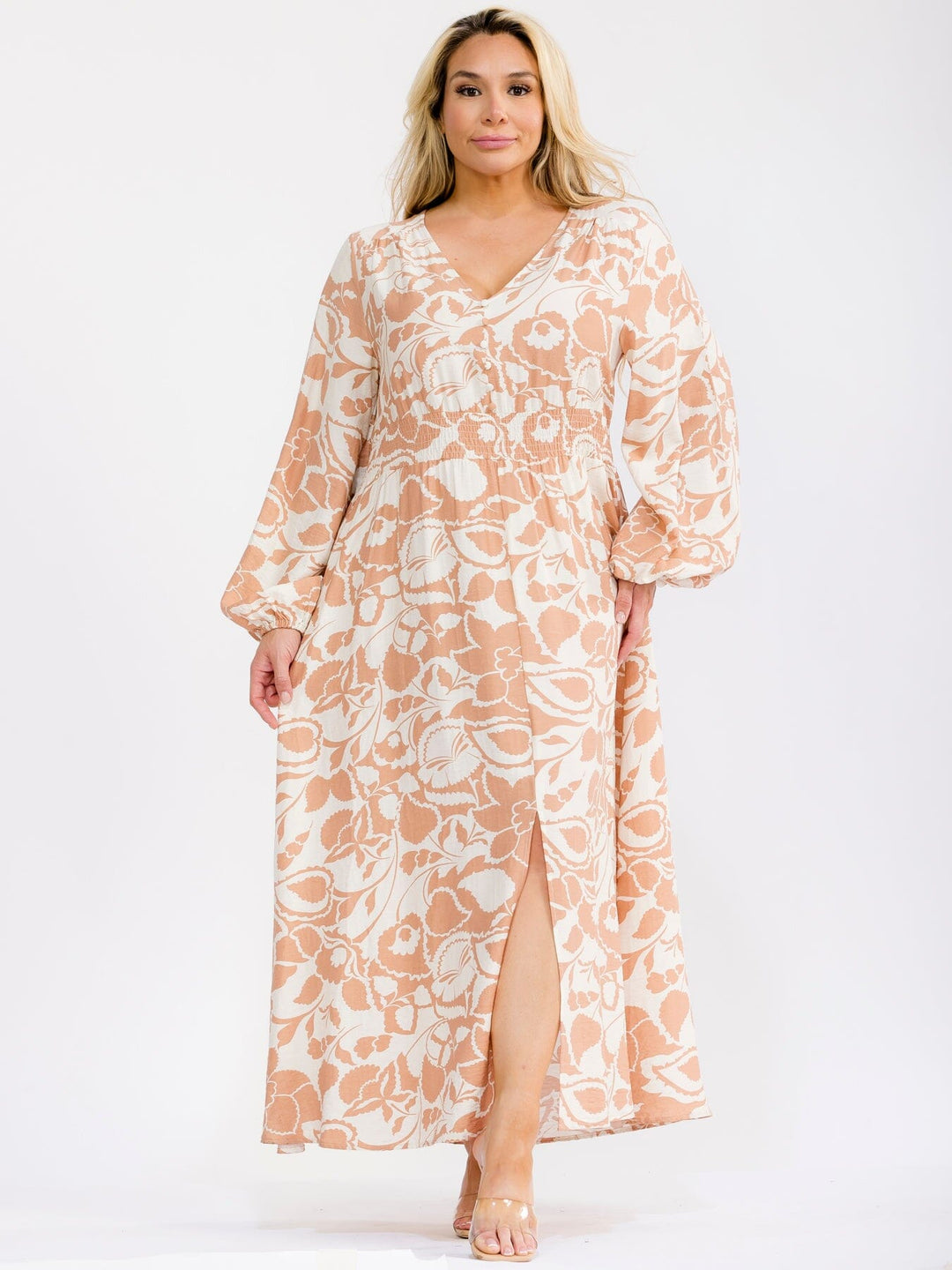 PLUS SIZE LONG SLEEVE V-NECK ELASTIC WAIST FLORAL PRINT MAXI DRESS