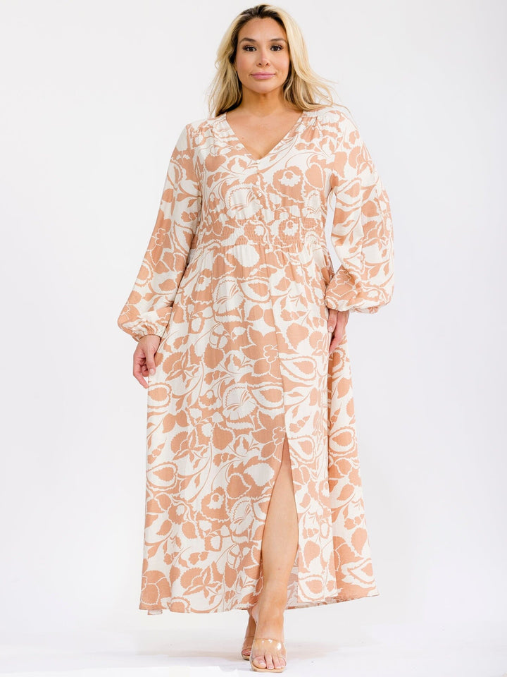 PLUS SIZE LONG SLEEVE V-NECK ELASTIC WAIST FLORAL PRINT MAXI DRESS