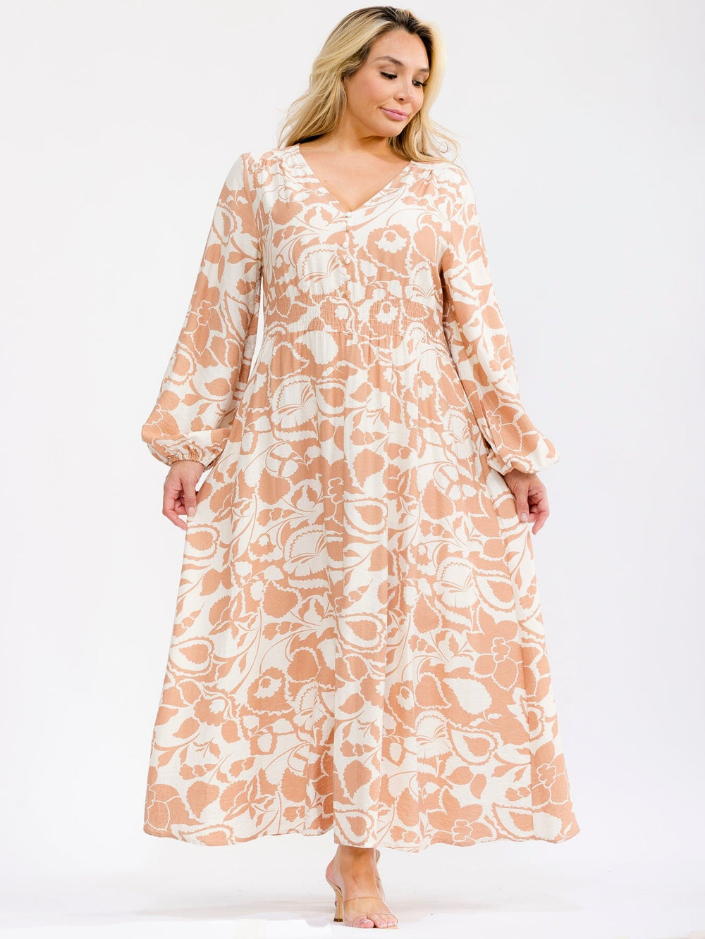 PLUS SIZE LONG SLEEVE V-NECK ELASTIC WAIST FLORAL PRINT MAXI DRESS