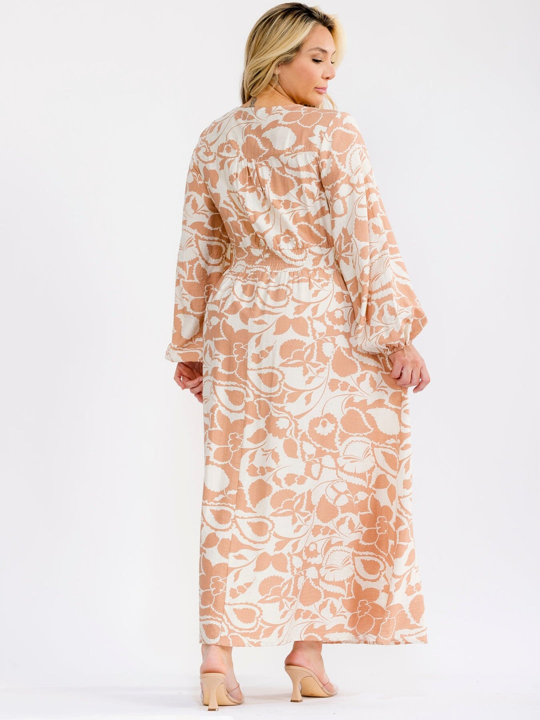 PLUS SIZE LONG SLEEVE V-NECK ELASTIC WAIST FLORAL PRINT MAXI DRESS