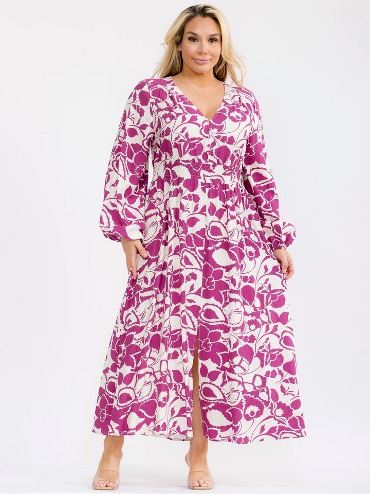PLUS SIZE LONG SLEEVE V-NECK ELASTIC WAIST FLORAL PRINT MAXI DRESS
