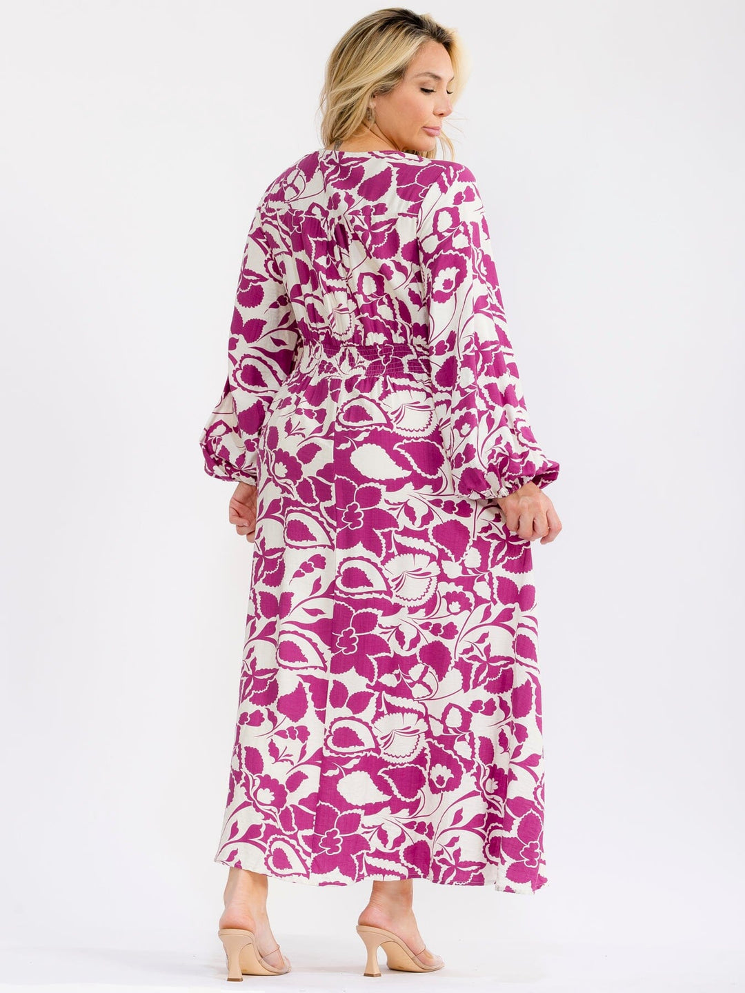 PLUS SIZE LONG SLEEVE V-NECK ELASTIC WAIST FLORAL PRINT MAXI DRESS