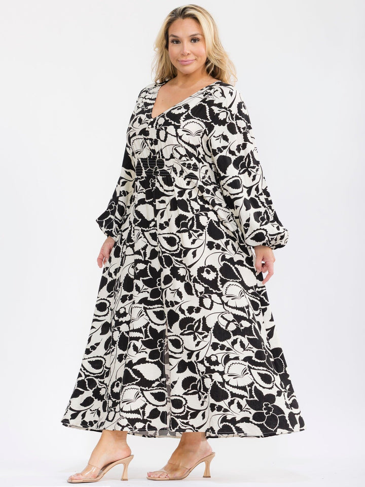 PLUS SIZE LONG SLEEVE V-NECK ELASTIC WAIST FLORAL PRINT MAXI DRESS