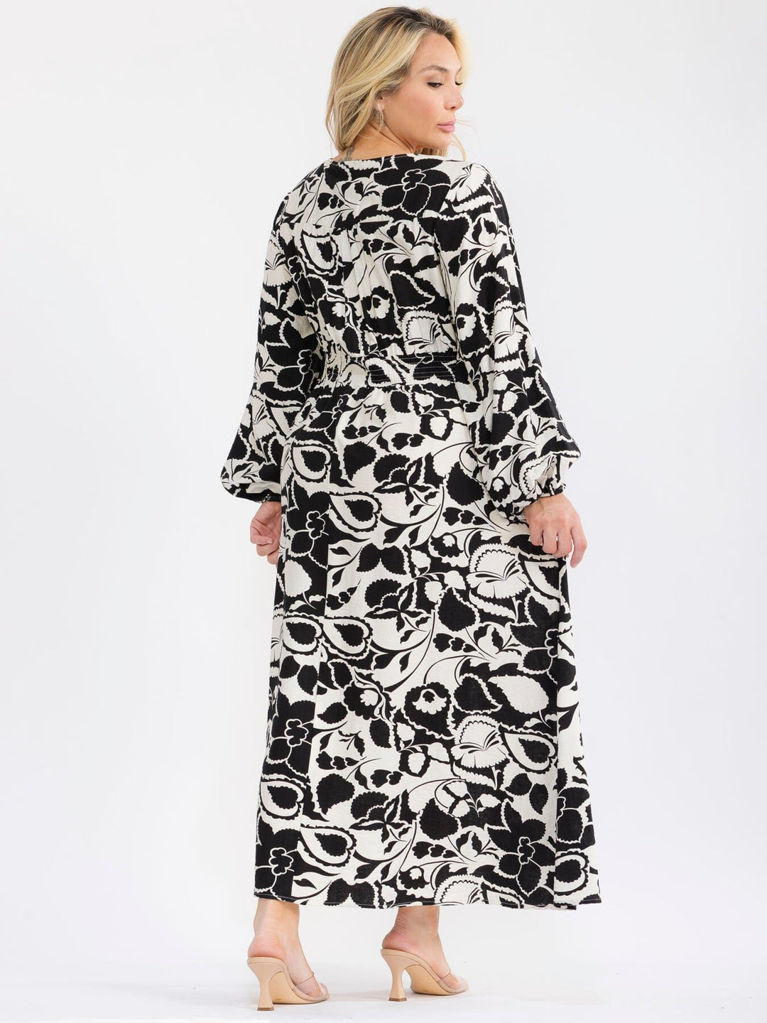 PLUS SIZE LONG SLEEVE V-NECK ELASTIC WAIST FLORAL PRINT MAXI DRESS