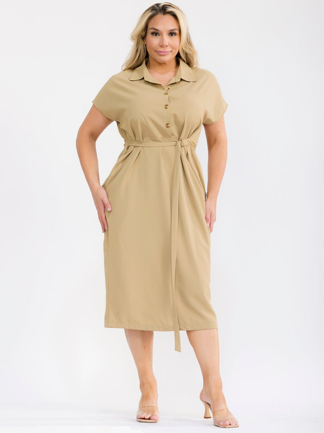 PLUS SIZE SHORT SLEEVE BUTTON UP SELF TIE ELASTIC WAIST MIDI DRESS
