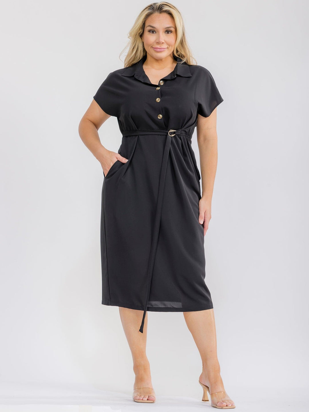 PLUS SIZE SHORT SLEEVE BUTTON UP SELF TIE ELASTIC WAIST MIDI DRESS