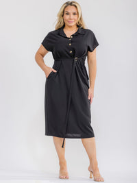 PLUS SIZE SHORT SLEEVE BUTTON UP SELF TIE ELASTIC WAIST MIDI DRESS