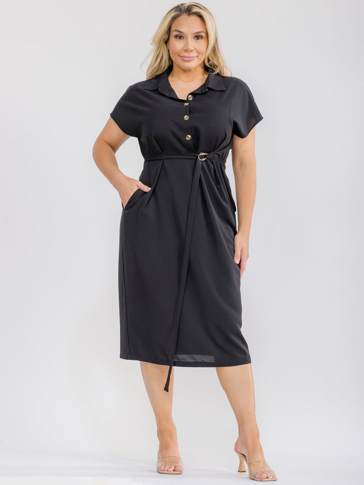 PLUS SIZE SHORT SLEEVE BUTTON UP SELF TIE ELASTIC WAIST MIDI DRESS