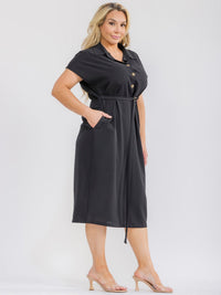 PLUS SIZE SHORT SLEEVE BUTTON UP SELF TIE ELASTIC WAIST MIDI DRESS