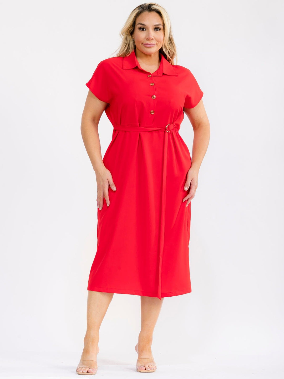PLUS SIZE SHORT SLEEVE BUTTON UP SELF TIE ELASTIC WAIST MIDI DRESS