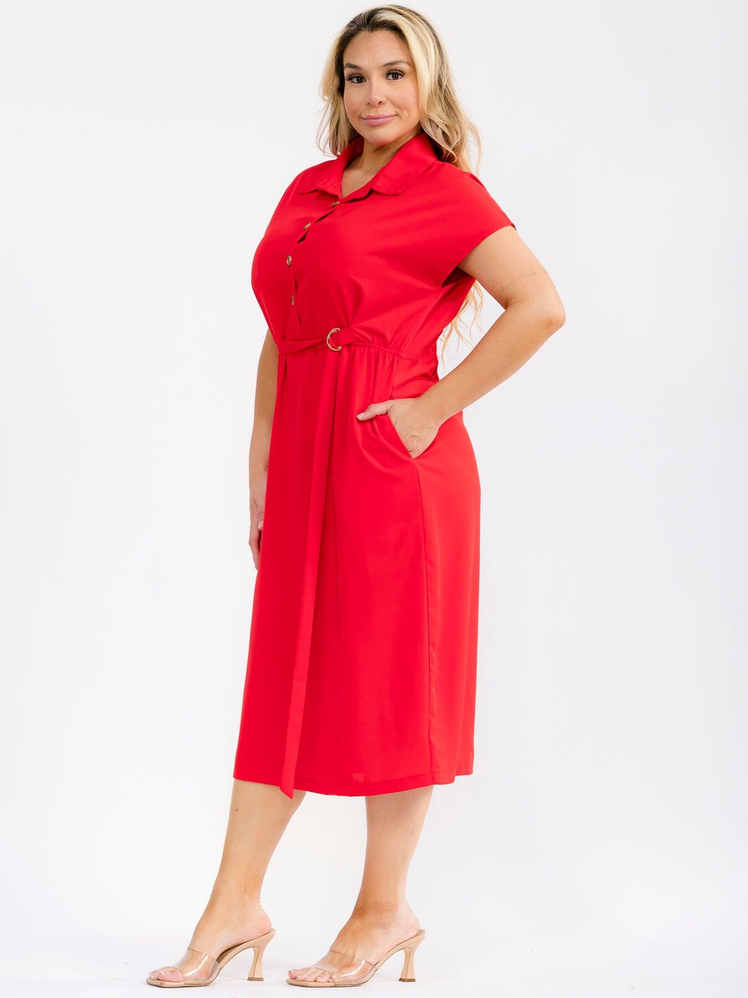 PLUS SIZE SHORT SLEEVE BUTTON UP SELF TIE ELASTIC WAIST MIDI DRESS