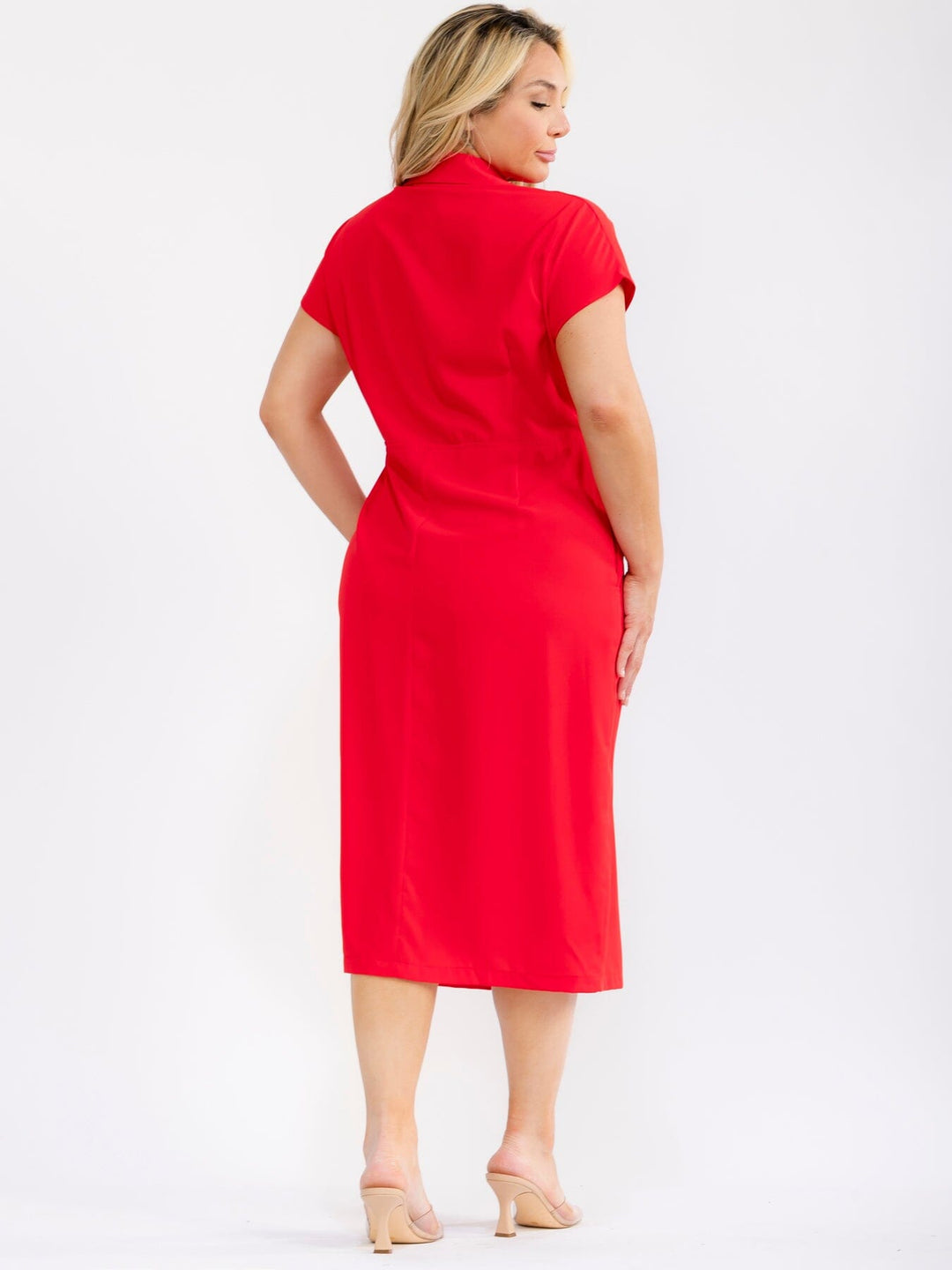 PLUS SIZE SHORT SLEEVE BUTTON UP SELF TIE ELASTIC WAIST MIDI DRESS