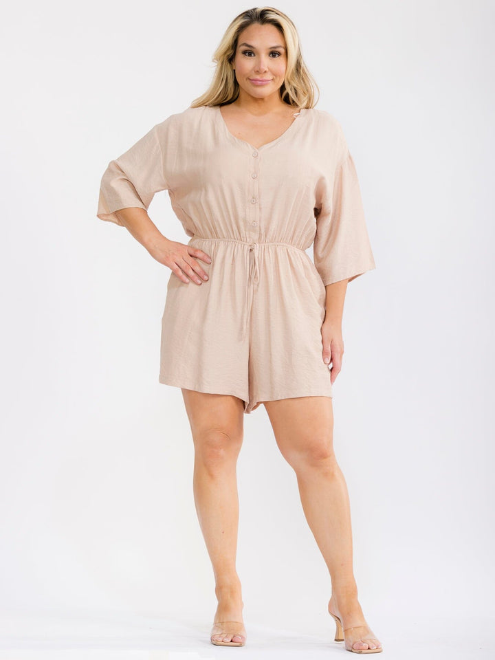 PLUS SIZE 3/4 SLEEVE BUTTON UP SELF TIE ELASTIC WAIST POCKETS ROMPER