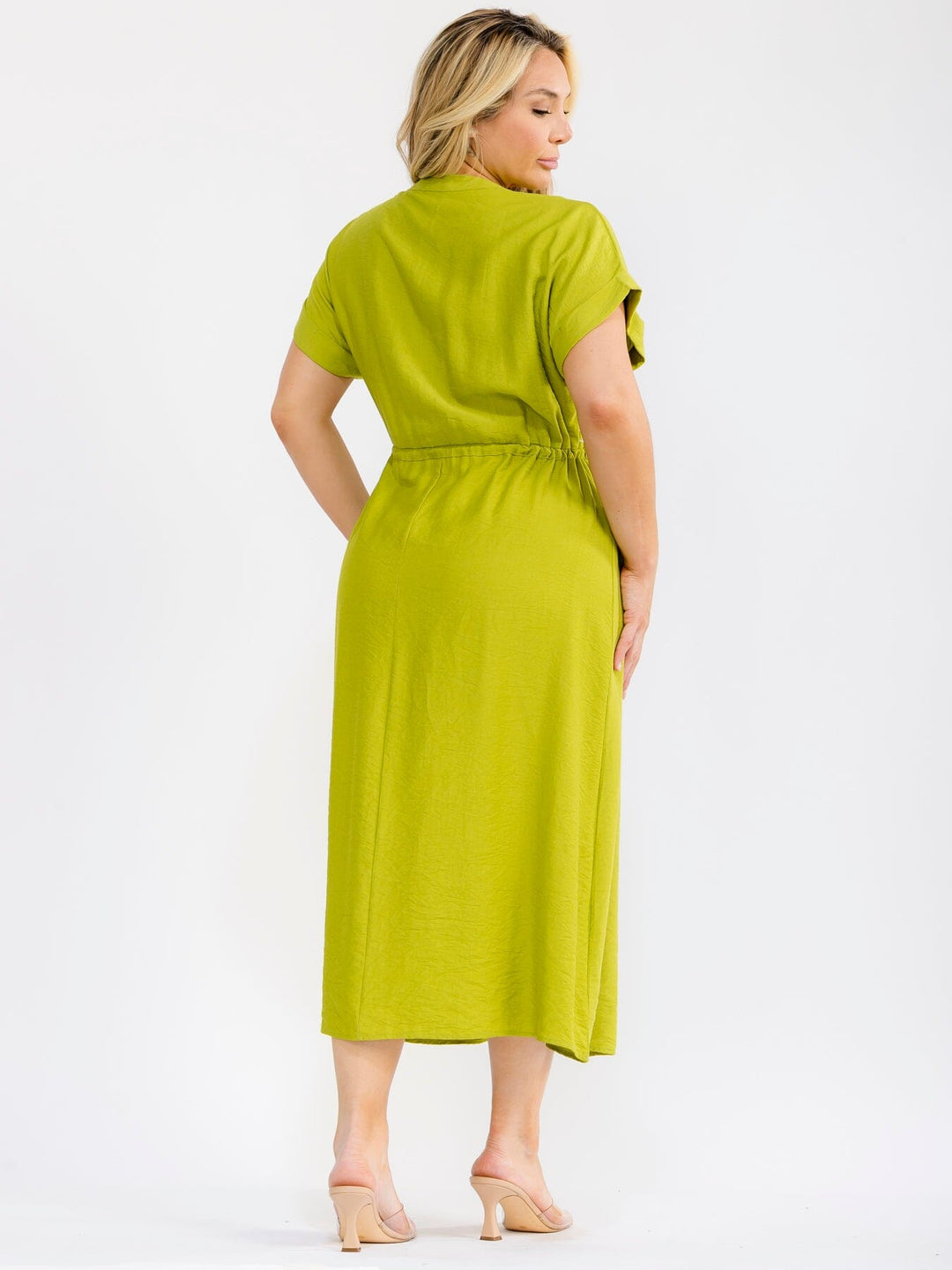 PLUS SIZE SHORT SLEEVE BUTTON UP SELF TIE ELASTIC WAIST EMBROIDERY MAXI DRESS