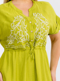 PLUS SIZE SHORT SLEEVE BUTTON UP SELF TIE ELASTIC WAIST EMBROIDERY MAXI DRESS