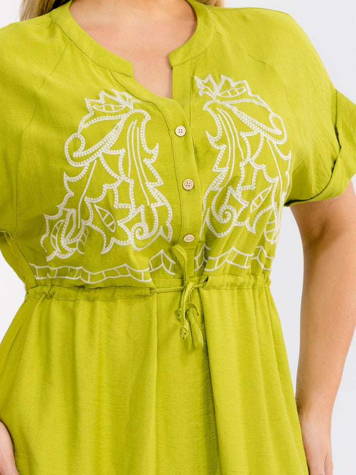 PLUS SIZE SHORT SLEEVE BUTTON UP SELF TIE ELASTIC WAIST EMBROIDERY MAXI DRESS