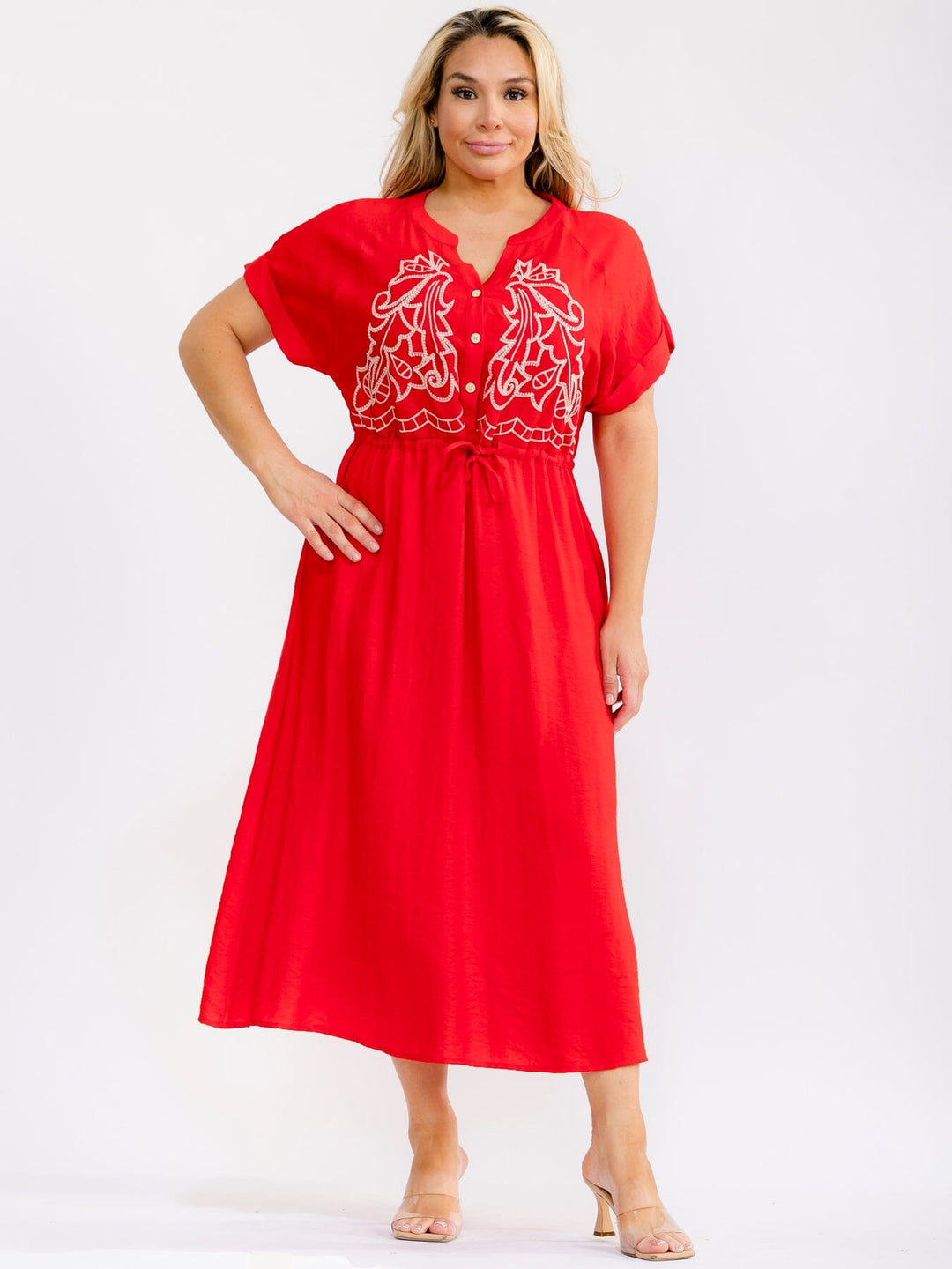 PLUS SIZE SHORT SLEEVE BUTTON UP SELF TIE ELASTIC WAIST EMBROIDERY MAXI DRESS