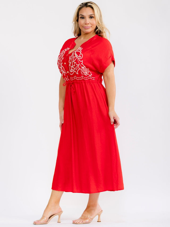 PLUS SIZE SHORT SLEEVE BUTTON UP SELF TIE ELASTIC WAIST EMBROIDERY MAXI DRESS