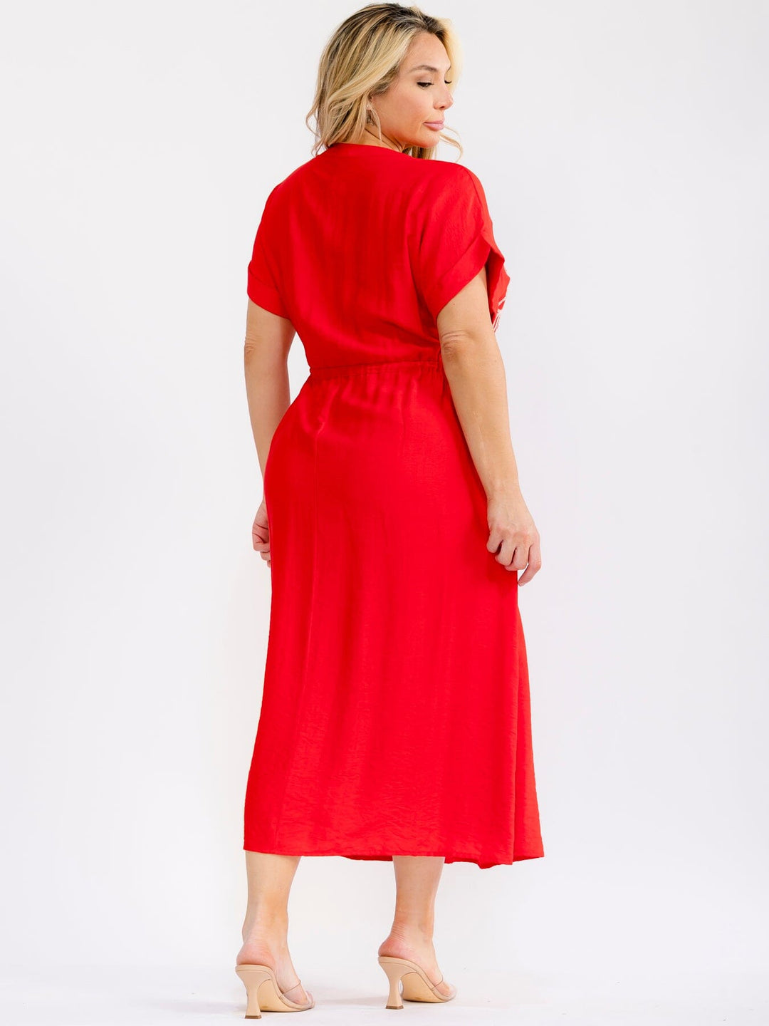 PLUS SIZE SHORT SLEEVE BUTTON UP SELF TIE ELASTIC WAIST EMBROIDERY MAXI DRESS