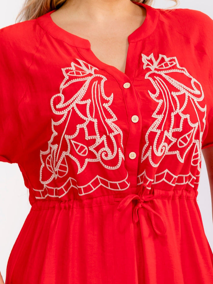 PLUS SIZE SHORT SLEEVE BUTTON UP SELF TIE ELASTIC WAIST EMBROIDERY MAXI DRESS