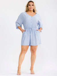 PLUS SIZE 3/4 SLEEVE BUTTON UP SELF TIE ELASTIC WAIST POCKETS ROMPER