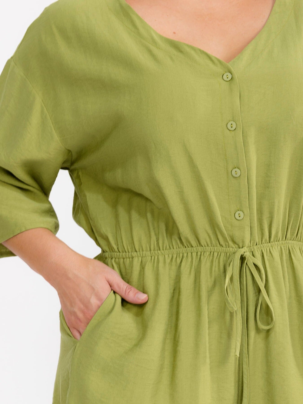 PLUS SIZE 3/4 SLEEVE BUTTON UP SELF TIE ELASTIC WAIST POCKETS ROMPER