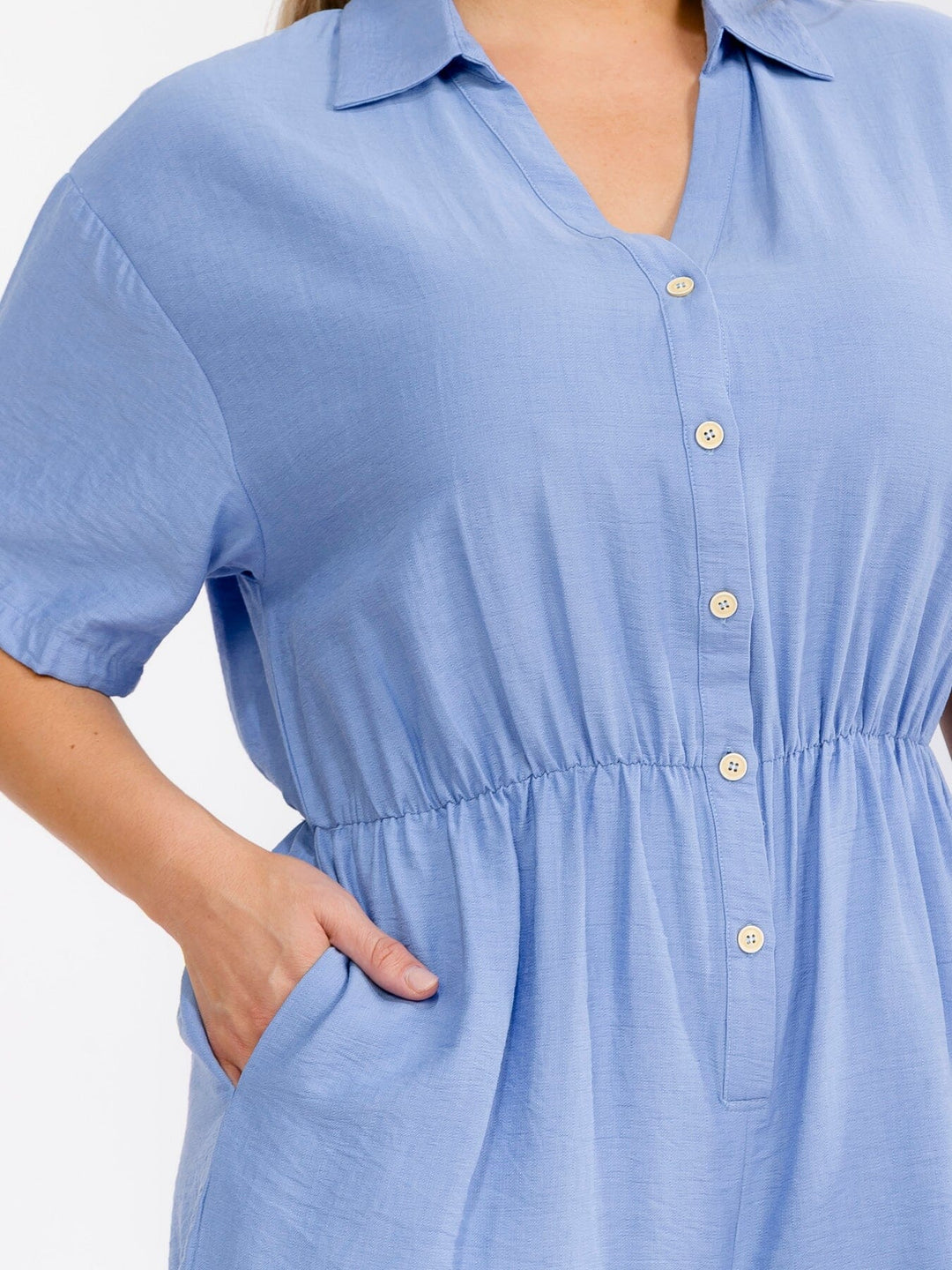 PLUS SIZE SHORT SLEEVE BUTTON UP ELASTIC WAIST POCKETS ROMPER