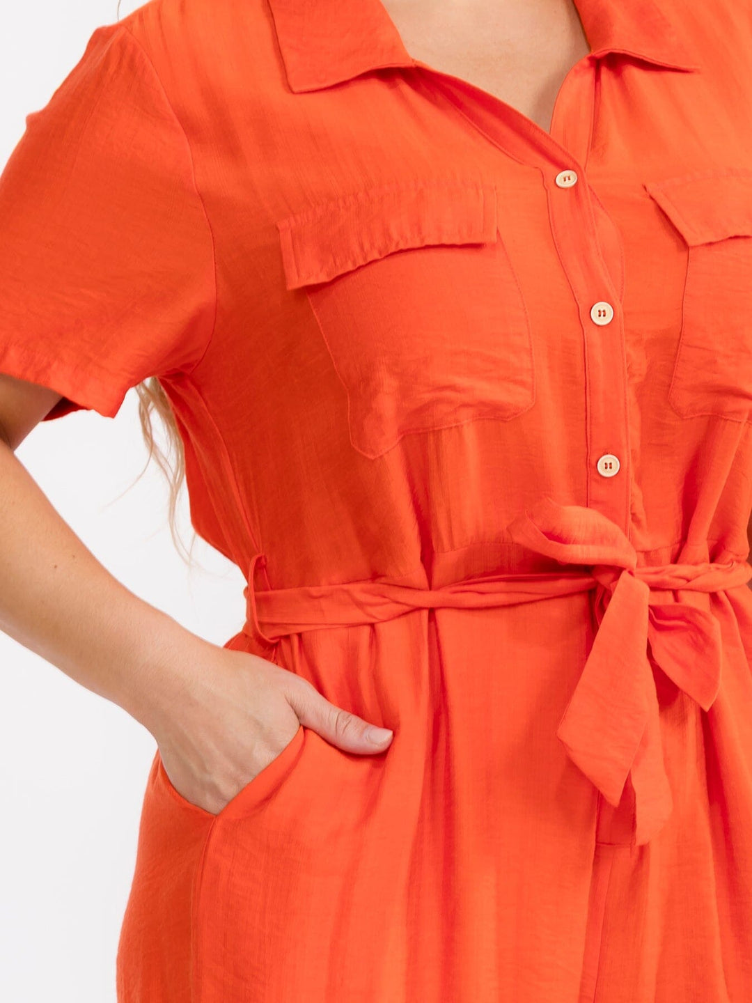PLUS SIZE SHORT SLEEVE BUTTON UP SELF TIE POCKETS ROMPER
