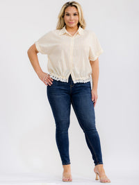 PLUS SIZE SHORT SLEEVE BUTTON UP COLLAR LACE BOTTOM HEM COLORBLOCK STRIPES BLOUSE