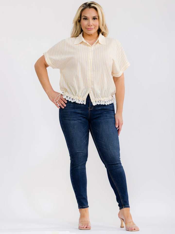 PLUS SIZE SHORT SLEEVE BUTTON UP COLLAR LACE BOTTOM HEM COLORBLOCK STRIPES BLOUSE