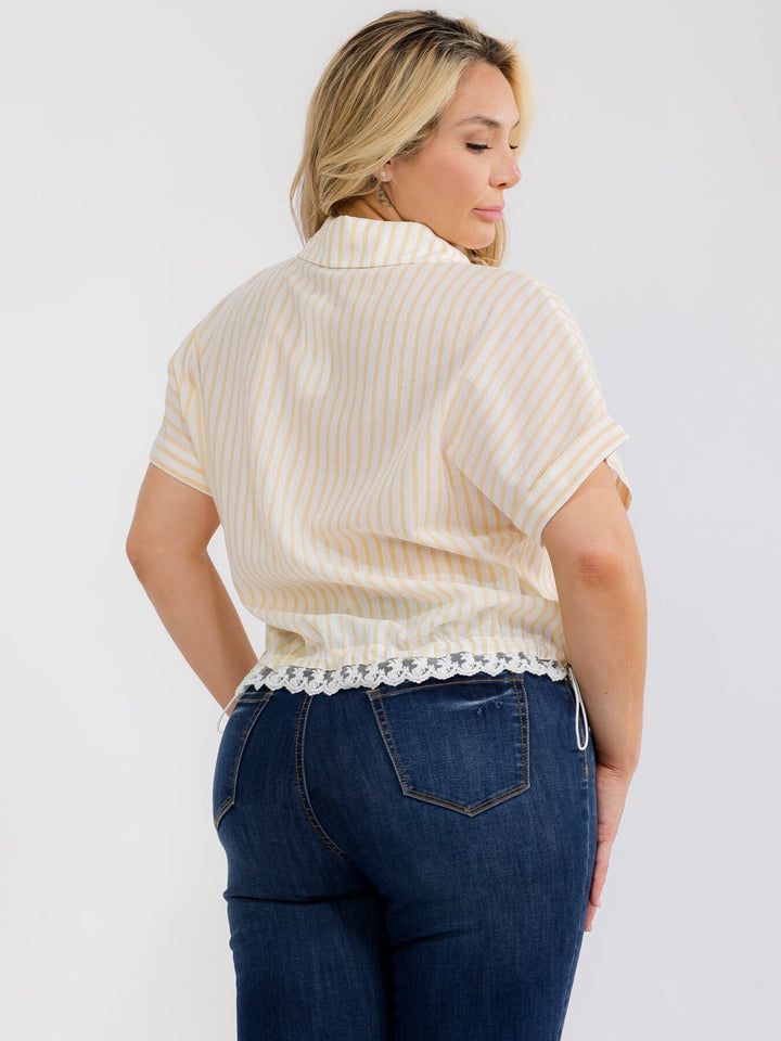 PLUS SIZE SHORT SLEEVE BUTTON UP COLLAR LACE BOTTOM HEM COLORBLOCK STRIPES BLOUSE