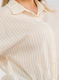 PLUS SIZE SHORT SLEEVE BUTTON UP COLLAR LACE BOTTOM HEM COLORBLOCK STRIPES BLOUSE