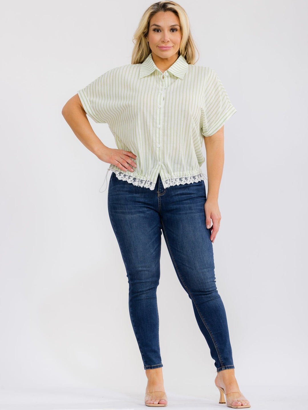 PLUS SIZE SHORT SLEEVE BUTTON UP COLLAR LACE BOTTOM HEM COLORBLOCK STRIPES BLOUSE