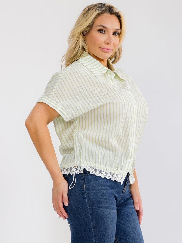 PLUS SIZE SHORT SLEEVE BUTTON UP COLLAR LACE BOTTOM HEM COLORBLOCK STRIPES BLOUSE