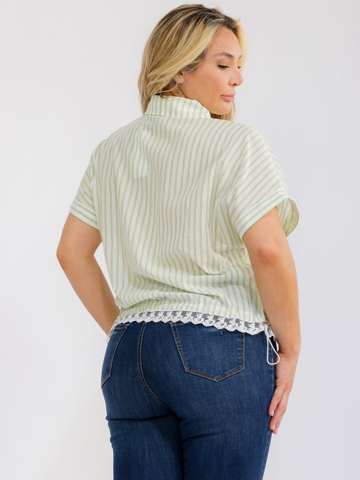 PLUS SIZE SHORT SLEEVE BUTTON UP COLLAR LACE BOTTOM HEM COLORBLOCK STRIPES BLOUSE
