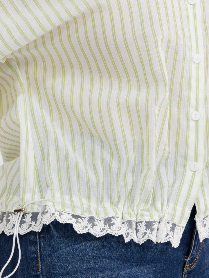 PLUS SIZE SHORT SLEEVE BUTTON UP COLLAR LACE BOTTOM HEM COLORBLOCK STRIPES BLOUSE
