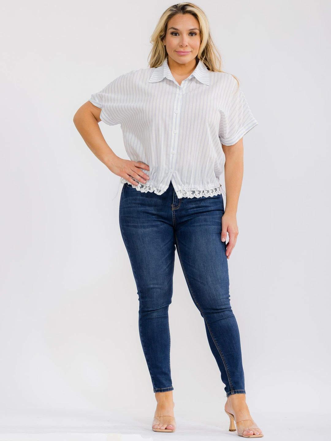 PLUS SIZE SHORT SLEEVE BUTTON UP COLLAR LACE BOTTOM HEM COLORBLOCK STRIPES BLOUSE