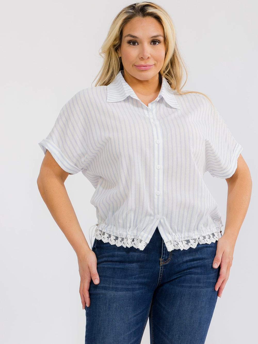 PLUS SIZE SHORT SLEEVE BUTTON UP COLLAR LACE BOTTOM HEM COLORBLOCK STRIPES BLOUSE