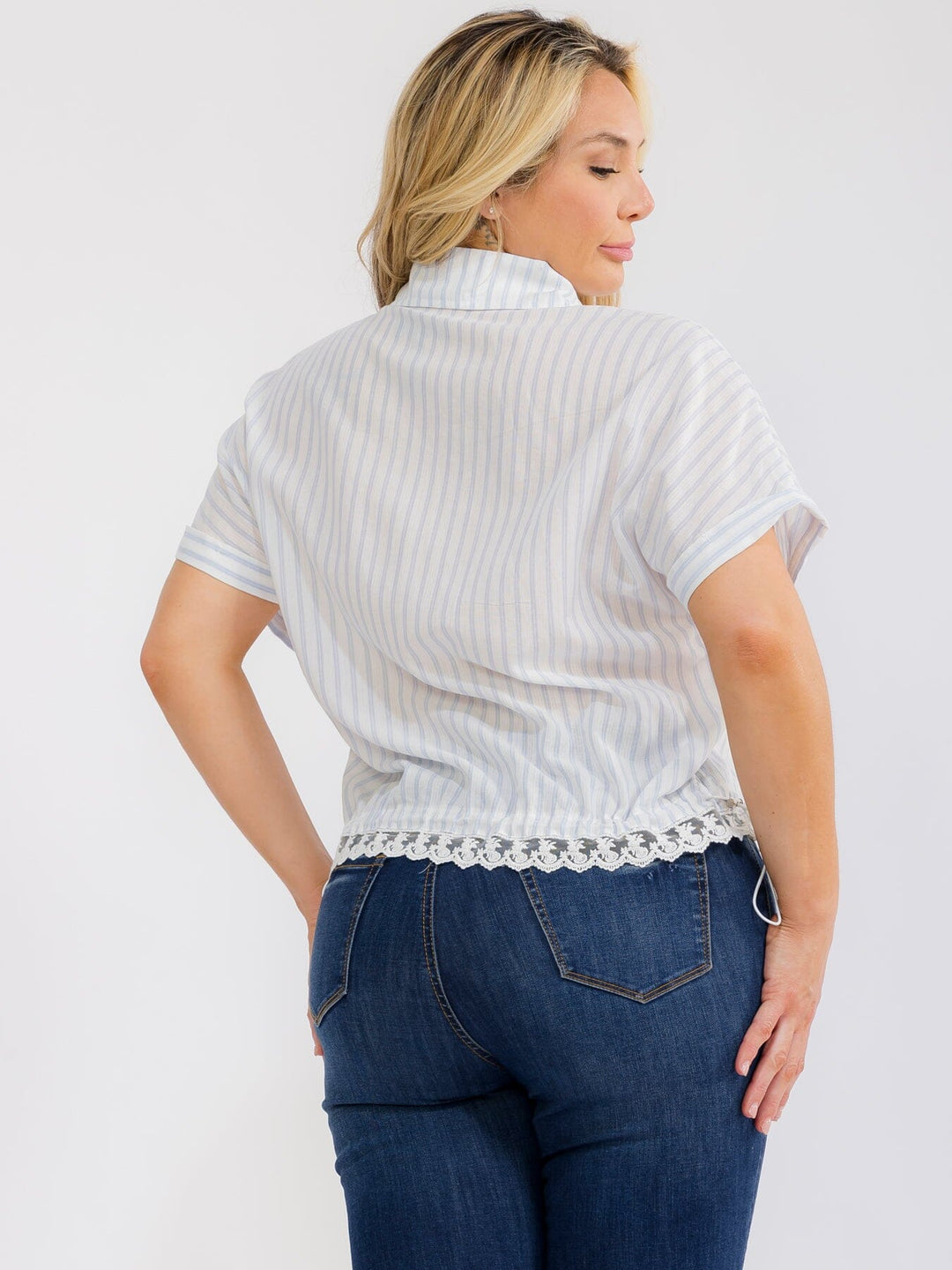 PLUS SIZE SHORT SLEEVE BUTTON UP COLLAR LACE BOTTOM HEM COLORBLOCK STRIPES BLOUSE