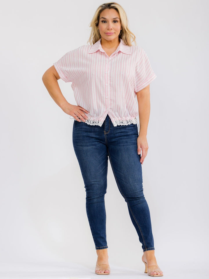 PLUS SIZE SHORT SLEEVE BUTTON UP COLLAR LACE BOTTOM HEM COLORBLOCK STRIPES BLOUSE
